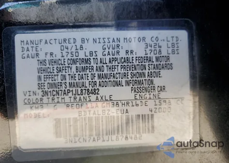 2018 Nissan Versa S из США, поврежденный, VIN 3N1CN7AP1JL878482